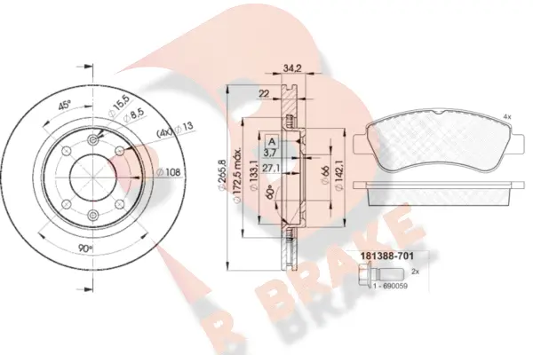 3R13884750 R BRAKE Комплект тормозов, дисковый тормозной механизм (фото 1)