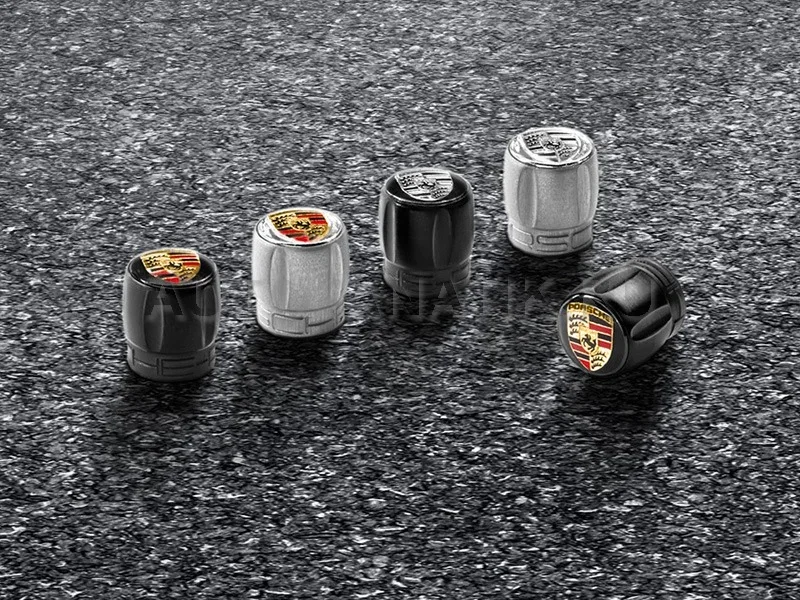 99104460267 PORSCHE Набор из четырех колпачков для колесных вентилей Porsche, черный корпус / цветной герб (фото 1)