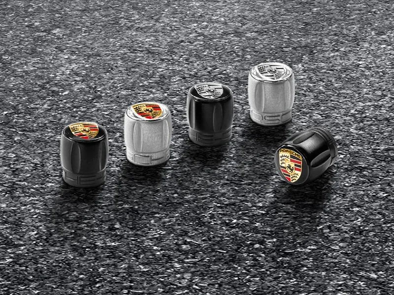 99104460268 PORSCHE Набор из четырех колпачков для колесных вентилей Porsche, серебристый корпус / черно-белый герб (фото 1)