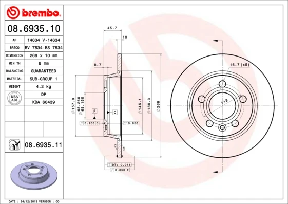 08.6935.10 BREMBO Тормозной диск (фото 5)