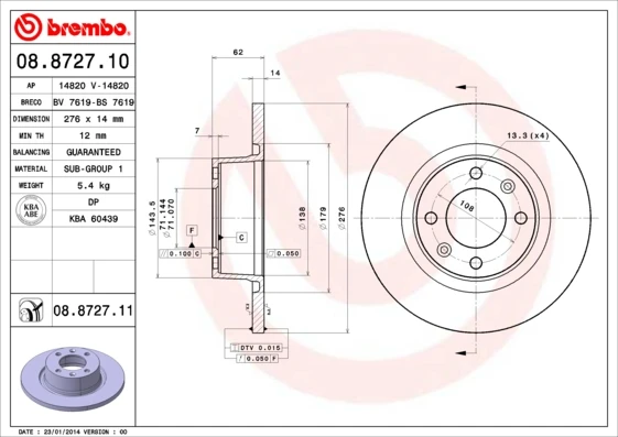 08.8727.10 BREMBO Тормозной диск (фото 5)