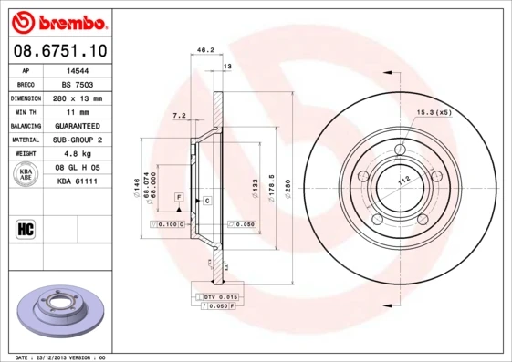 08.6751.10 BREMBO Тормозной диск (фото 5)