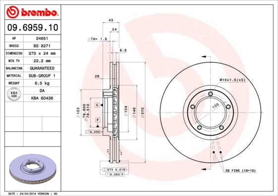 09.6959.10 BREMBO Тормозной диск (фото 5)