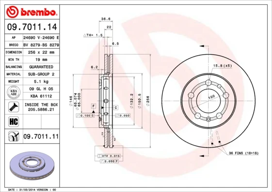 09.7011.14 BREMBO Тормозной диск (фото 5)