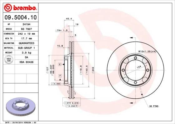 09.5004.10 BREMBO Тормозной диск (фото 5)