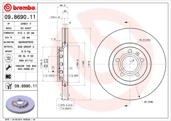 09.8690.11 BREMBO Тормозной диск (фото 5)