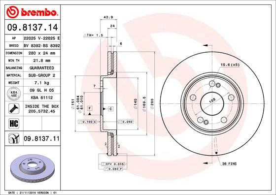 09.8137.14 BREMBO Тормозной диск (фото 5)