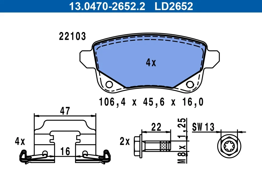 13.0470-2652.2 ATE Комплект тормозных колодок, дисковый тормоз (фото 1)