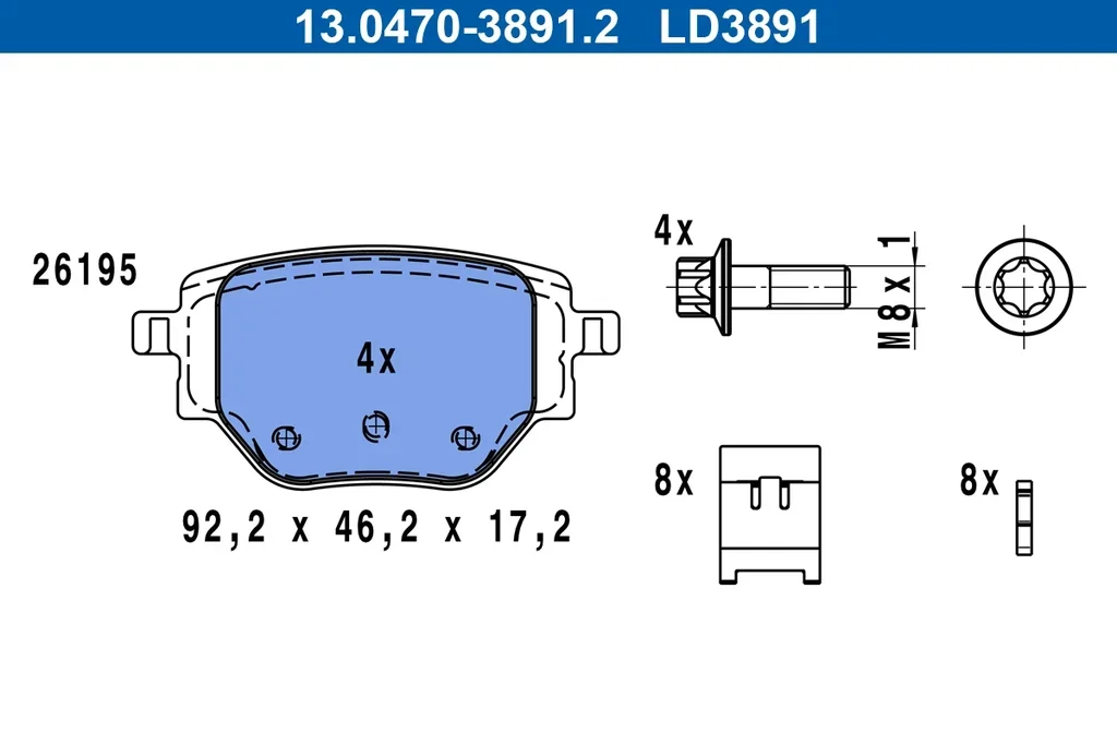13.0470-3891.2 ATE Комплект тормозных колодок, дисковый тормоз (фото 1)
