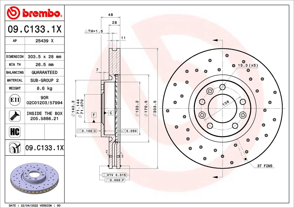 09.C133.1X BREMBO Тормозной диск (фото 1)