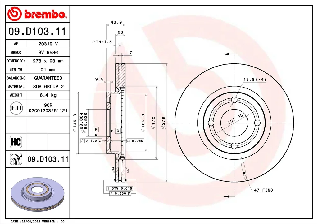 09.D103.11 BREMBO Тормозной диск (фото 1)