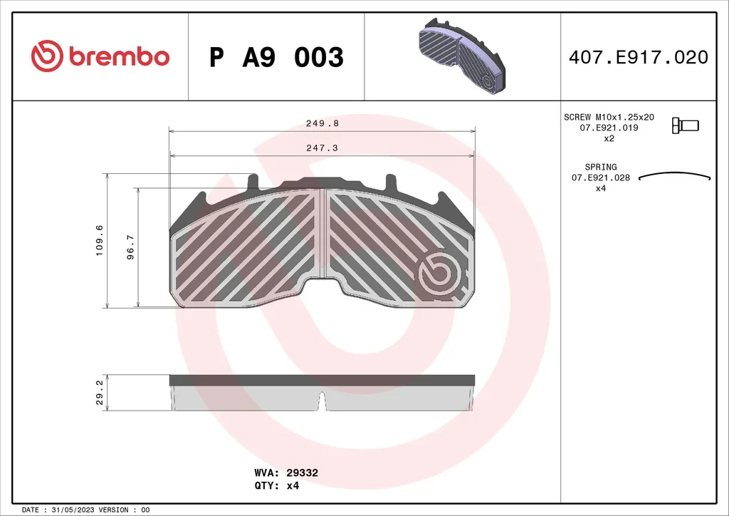 P A9 003 BREMBO Комплект тормозных колодок, дисковый тормоз (фото 1)