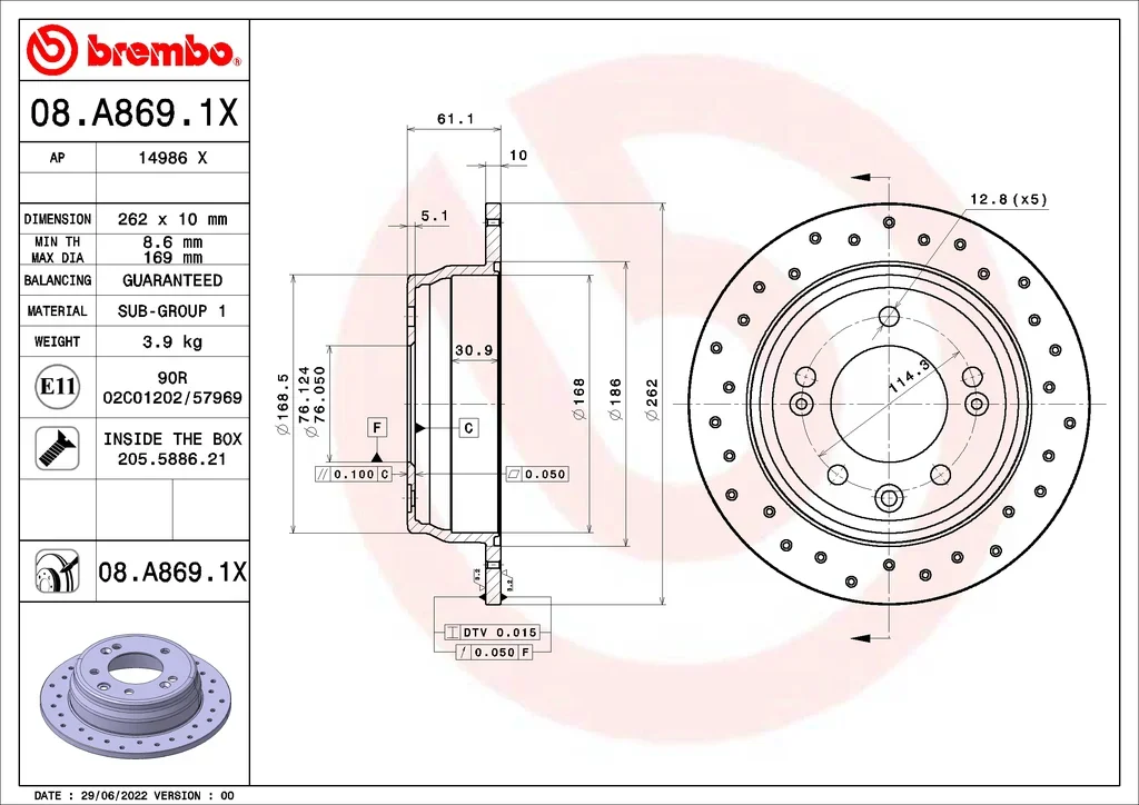 08.A869.1X BREMBO Тормозной диск (фото 1)