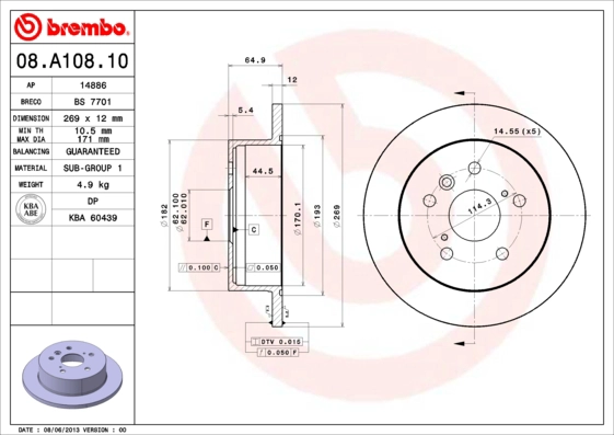 08.A108.10 BREMBO Тормозной диск (фото 1)