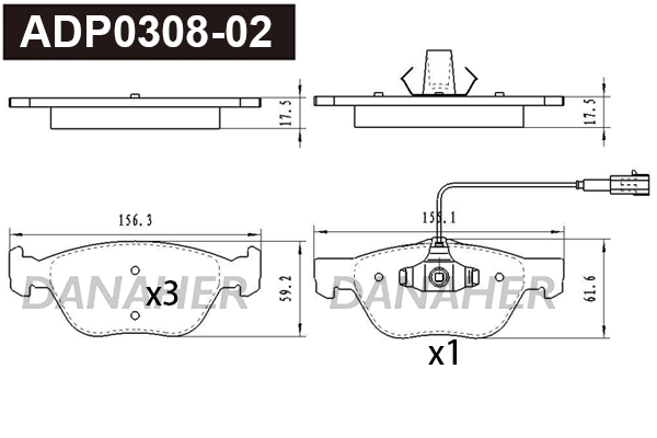 ADP0308-02 DANAHER Комплект тормозных колодок, дисковый тормоз (фото 1)