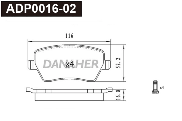 ADP0016-02 DANAHER Комплект тормозных колодок, дисковый тормоз (фото 1)
