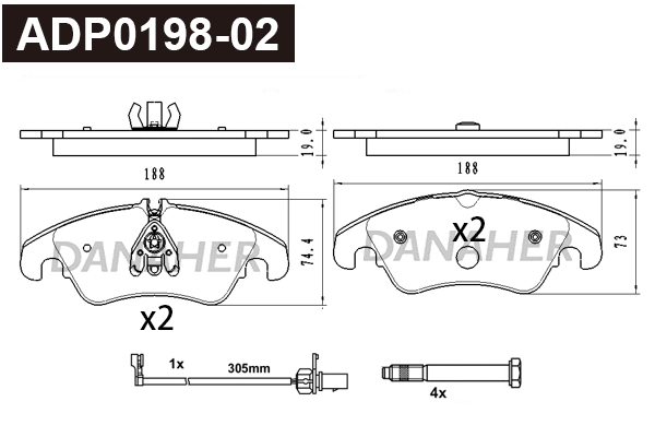 ADP0198-02 DANAHER Комплект тормозных колодок, дисковый тормоз (фото 1)