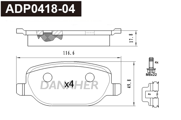 ADP0418-04 DANAHER Комплект тормозных колодок, дисковый тормоз (фото 1)