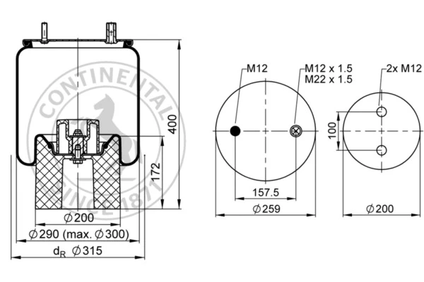 4157 N P09 CONTITECH Пневмопод. со стак 1шп.м12 1шп-штуц.m22/m12 поршень пласт 2отв.m12 поверн. 90гр ror,weweler (фото 1)