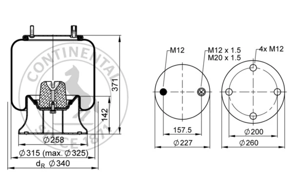 4156 N P07 CONTITECH Пневмопод. со стак. 1шп.m12 1шп-шт.m12/20. поршень сталь 4отв.m12 fruehauf, ror, weweler (фото 1)