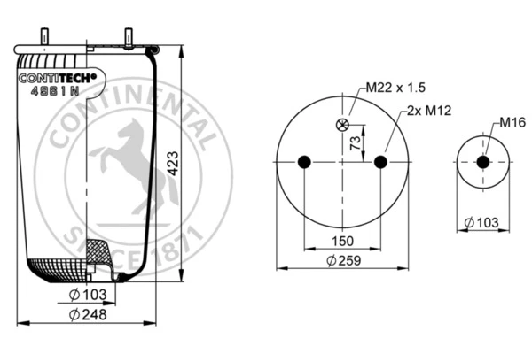 4961 N P02 CONTITECH Пневмоподушка без стак. h423 2шп.m12 1отв-шт.m22 низ: 1шп.m16 bpw (фото 1)