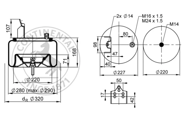 6614 N P01 CONTITECH Пневмоподушка со стак. верх: 1шп-шт.m24x1.5 m16x1.5 низ: 1шп. m14 volvo (фото 1)