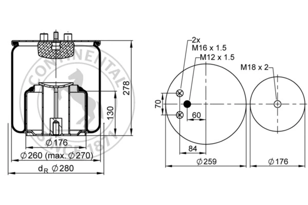 4882 N1 P05 CONTITECH Пневмопод. со стак. 2штуц.m16 смещ.84 1шп.m12 порш. сталь 1отв.m18 man tga (фото 1)