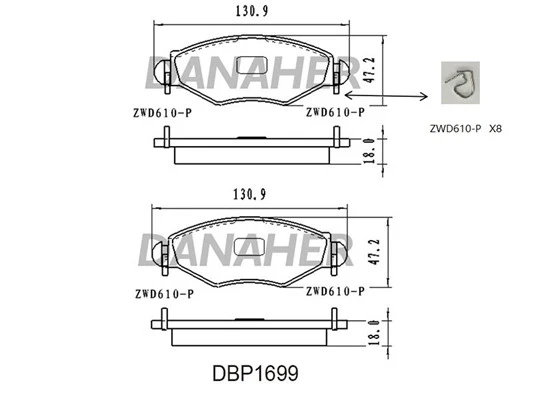 DBP1699 DANAHER Комплект тормозных колодок, дисковый тормоз (фото 2)