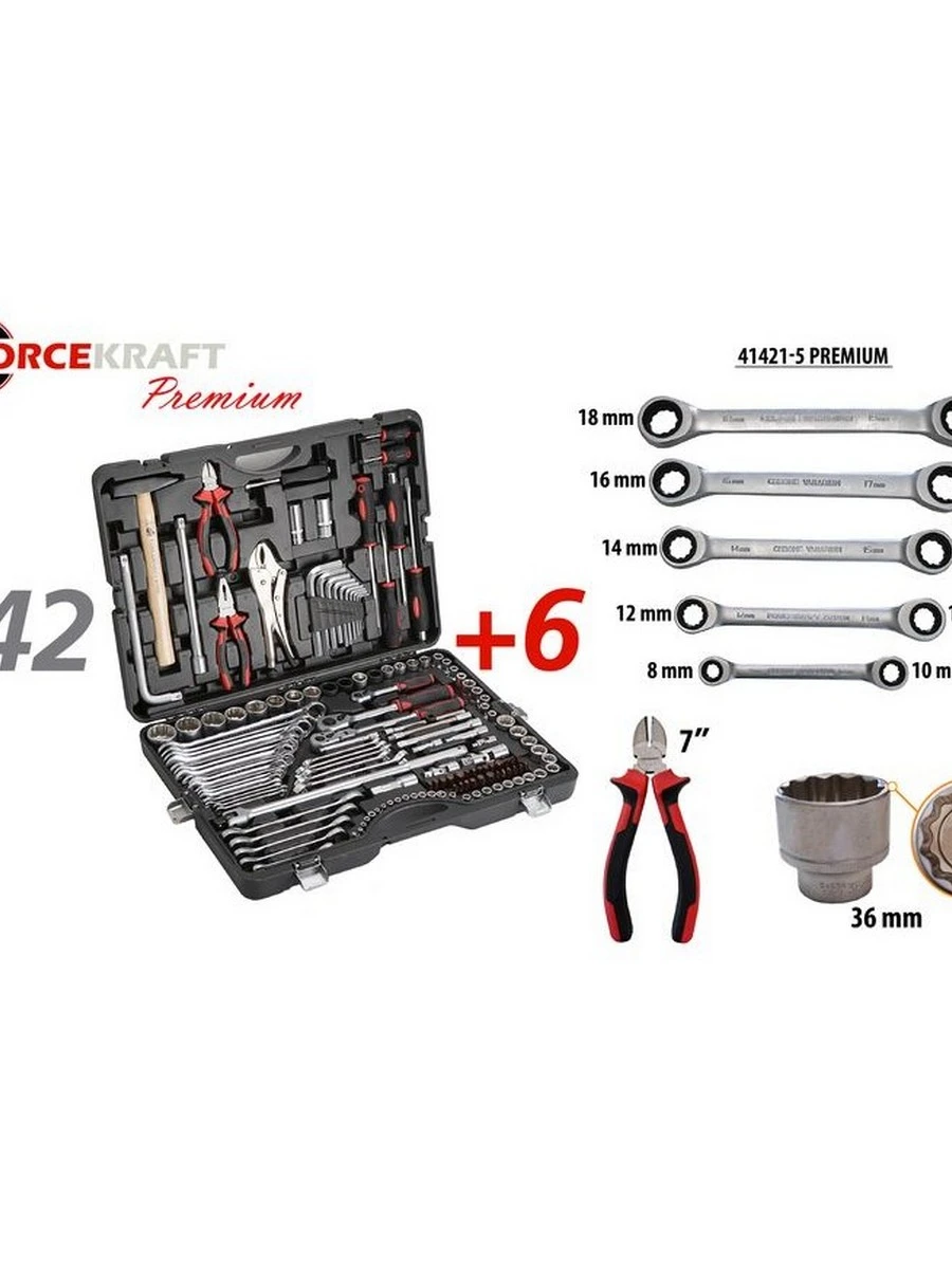 FK-41421-5 FORCE KRAFT Набор инструментов 142+6пр.1/4''3/8''1/2''(6-гр)(4-36мм, 27,30,32,36-12гр.)+трещ,бокор (фото 1)