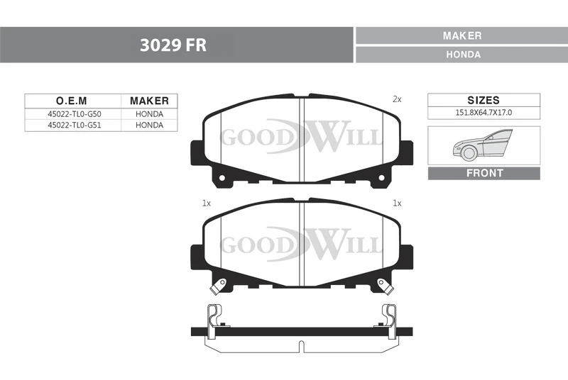3029 FR GOODWILL Комплект тормозных колодок, дисковый тормоз (фото 2)