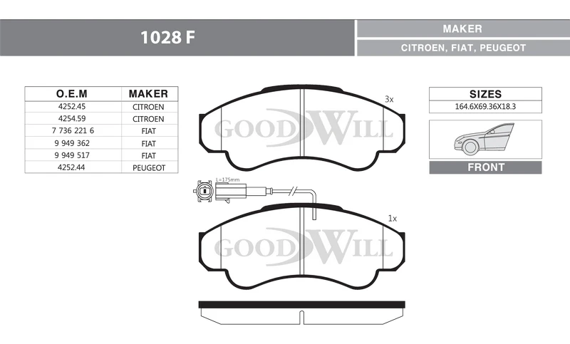 1028 F GOODWILL Комплект тормозных колодок, дисковый тормоз (фото 3)
