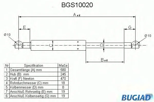 BGS10020 BUGIAD Газовый амортизатор крышки багажника, заднего стекла, капота (фото 1)