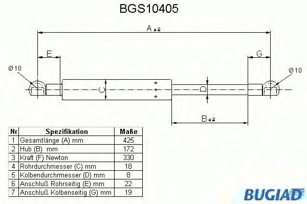 BGS10405 BUGIAD Газовый амортизатор крышки багажника, заднего стекла, капота (фото 1)