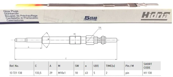 H1 138 HIDRIA Свеча накаливания (фото 2)