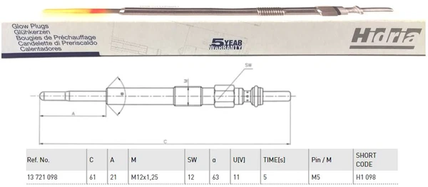 H1 098 HIDRIA Свеча накаливания (фото 2)