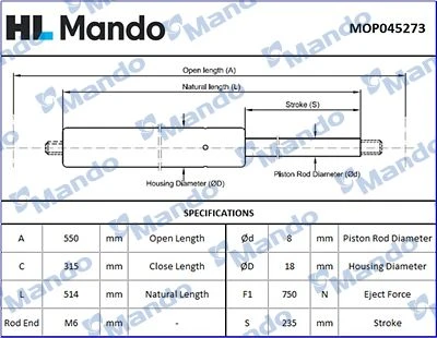 MOP045273 MANDO Газовая пружина, крышка багажник (фото 2)