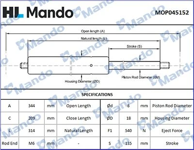MOP045152 MANDO Газовая пружина, крышка багажник (фото 2)