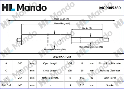 MOP045380 MANDO Газовая пружина, крышка багажник (фото 2)