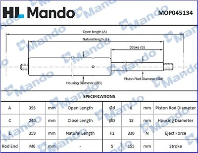 MOP045134 MANDO Газовая пружина, крышка багажник (фото 2)