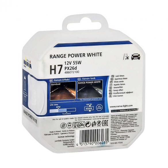 48607 NARVA К-кт ламп (H7) 12V 55W PX26d галогенная Range Power White, 2шт (фото 2)