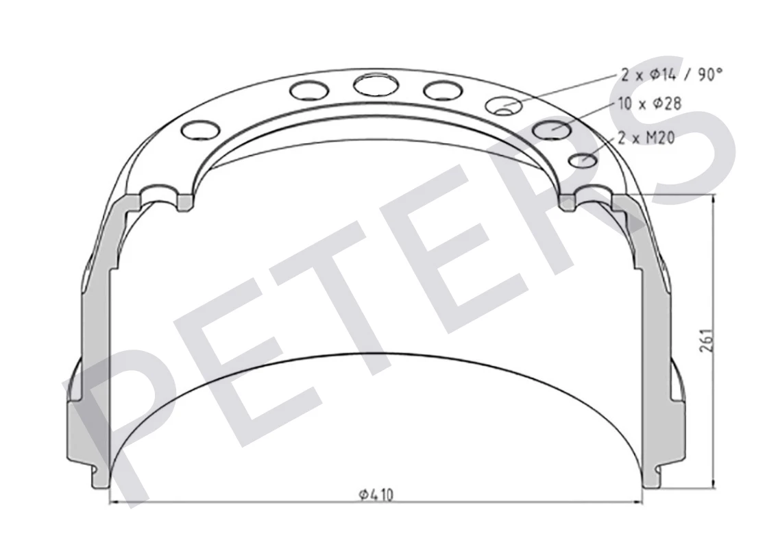 146.070-00A PETERS Барабан торм. 410x175/195 h=261 d=282/335 n10x28 volvo fl7/10/fh12/16/f12 (фото 1)