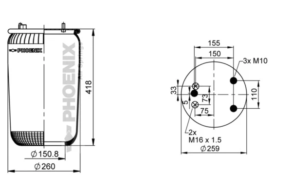 1DF253 PHOENIX Пневмопод. без стак d225 836m2 h375 3шп.m10треуг., 2отв.штуц.m16.н:1отв.d150.8 daf (фото 1)