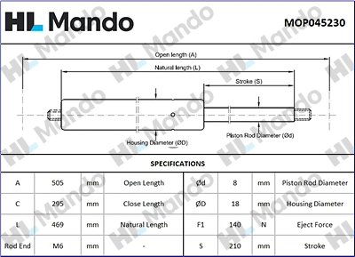 MOP045230 MANDO Газовая пружина, крышка багажник (фото 1)