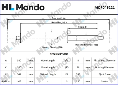 MOP045221 MANDO Газовая пружина, крышка багажник (фото 1)