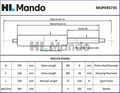 MOP045735 MANDO Газовая пружина, крышка багажник (фото 1)