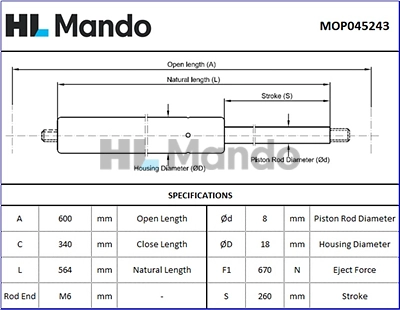 MOP045243 MANDO Газовая пружина, крышка багажник (фото 1)