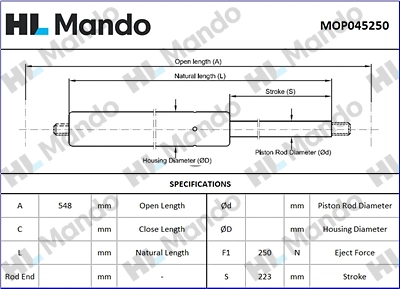 MOP045250 MANDO Газовая пружина, капот (фото 1)