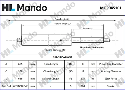 MOP045101 MANDO Газовая пружина, крышка багажник (фото 1)