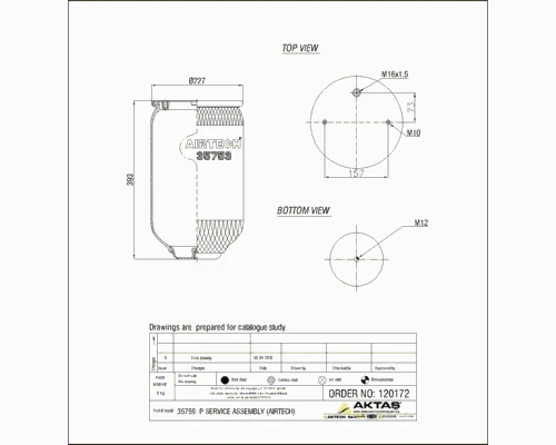 35759P AIRTECH Пневмоподушка без стакана 1отв.шт.m16x1.5 смещ. 73 2отв.m10 смещ.78.5 низ отв.m12 scania (фото 1)