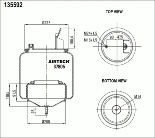 37805K AIRTECH Пневмоп. со стак. 1шп-шт. кроншт.2отв. порш.сталь 1шп. volvo fl6 fm7/10/12 (фото 1)